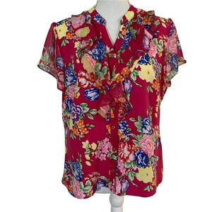 Elementz Pink Sheer Floral Top Women's Button Up Ruffles